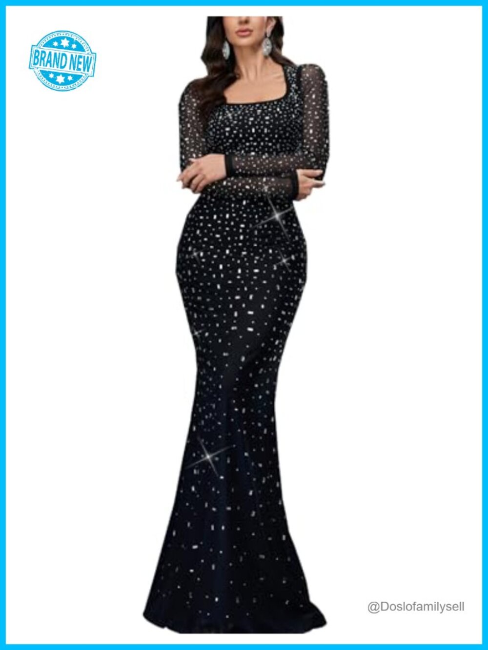 Sequin Mermaid Prom Dress Square Neck Long Sleeve Rhinestone Evening Gown